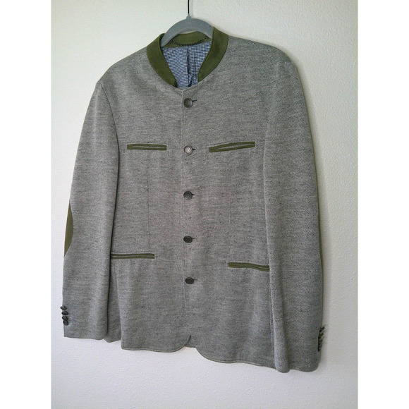Windsor Blue Tweed with Sage Green Suede Neckline Pockets Patch Elbow Jacket 46